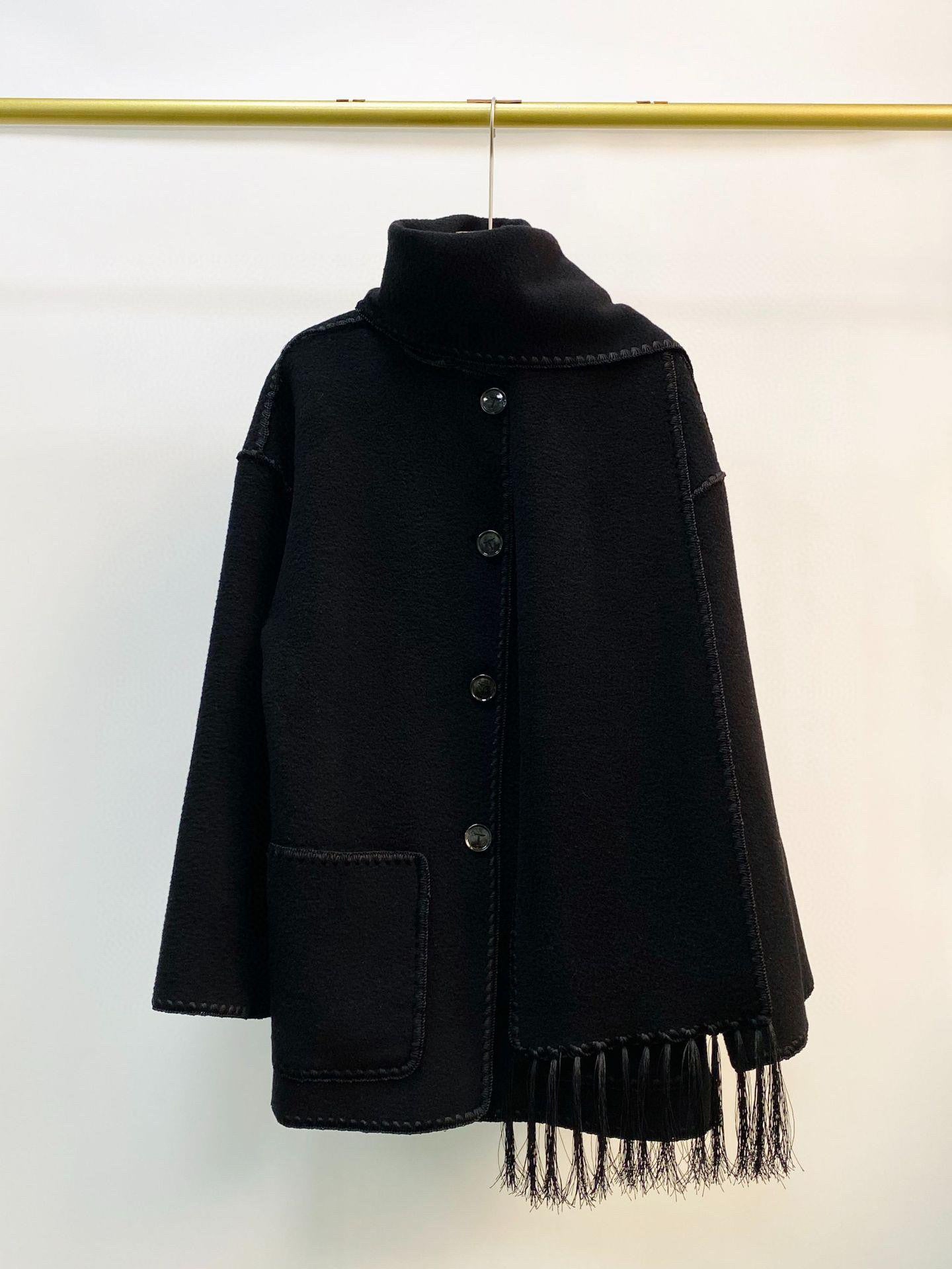 Toteme scarf collar jacket woolen black tassel pocket split winter coat oversize 2208112T