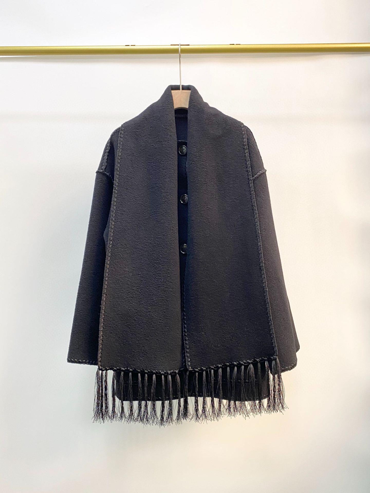 Toteme scarf collar jacket woolen black tassel pocket split winter coat oversize 2208112T