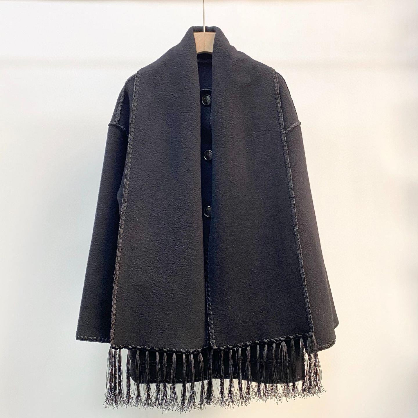 Toteme scarf collar jacket woolen black tassel pocket split winter coat oversize 2208112T