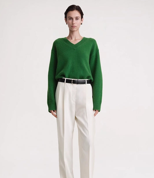 Toteme v-neck sweater pull over wool blended oversize white green long sleeve straight hem 2312002TT