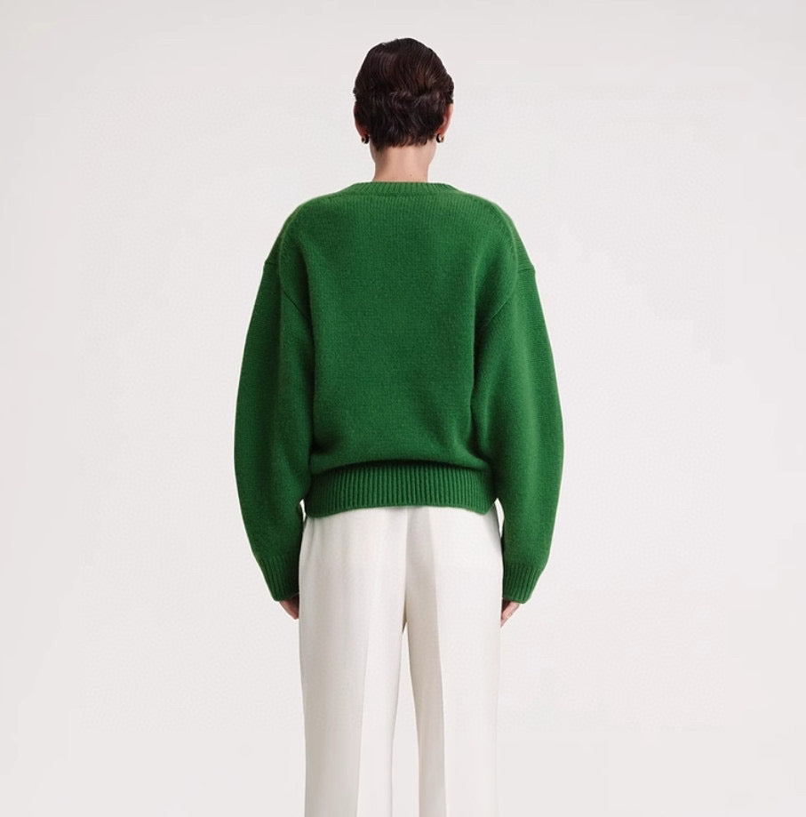 Toteme v-neck sweater pull over wool blended oversize white green long sleeve straight hem 2312002TT