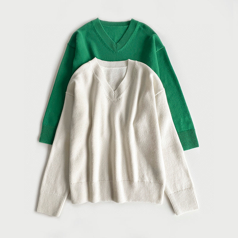 Toteme v-neck sweater pull over wool blended oversize white green long sleeve straight hem 2312002TT