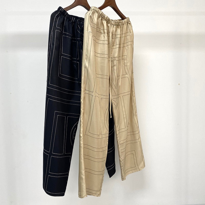 Toteme silk pants long length silk logo embroidery wide leg tie-waist elastic 2102013TTM