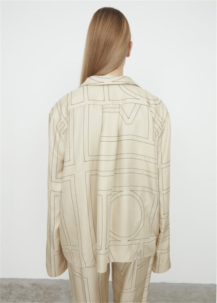 Toteme silk shirt oversize silk beige black logo embroidery long sleeve turn-down collar 2102012 TTM