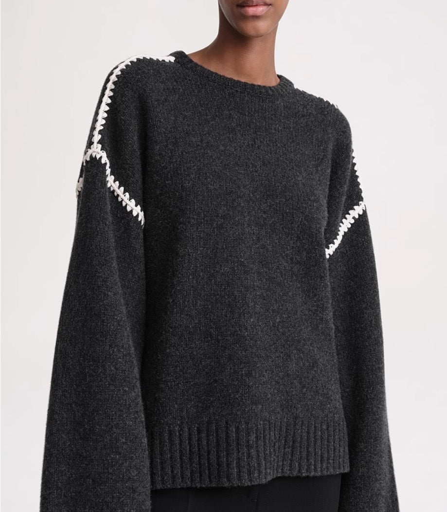 Toteme embroidered wool jumper knitted construction whipstitch detailing drop shoulder 2312009TT