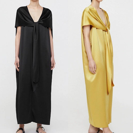 Toteme maxi dress acetage blended ankle length U-neck cape collar loose design satin yellow black