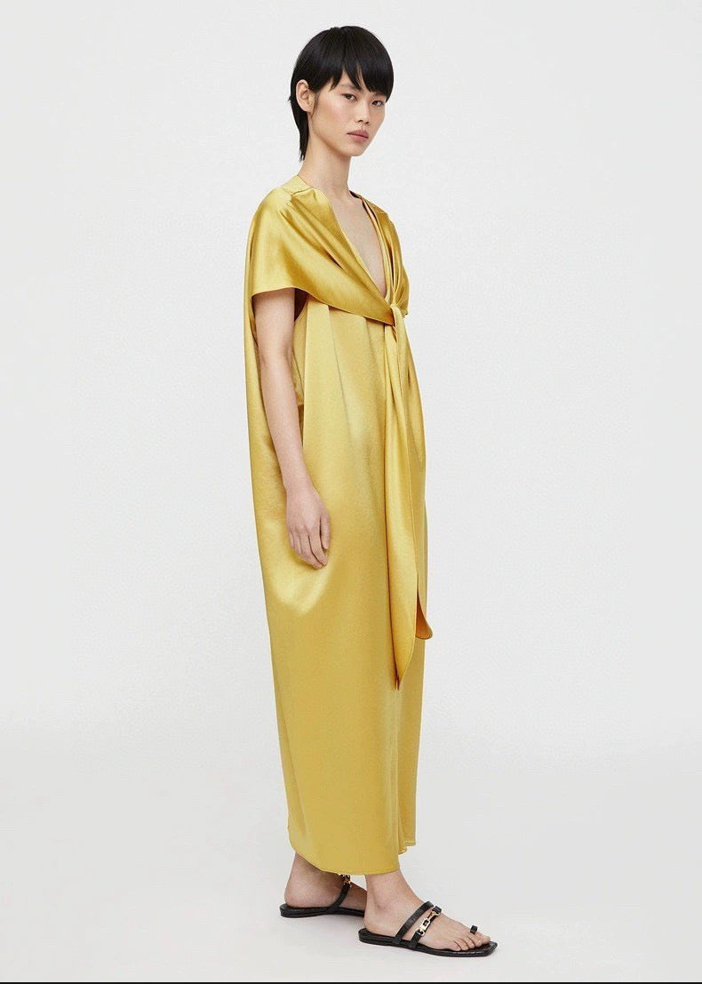 Toteme maxi dress acetage blended ankle length U-neck cape collar loose design satin yellow black