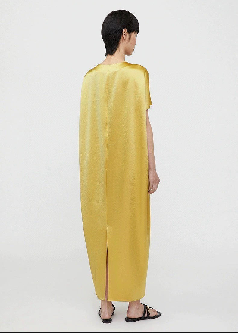 Toteme maxi dress acetage blended ankle length U-neck cape collar loose design satin yellow black