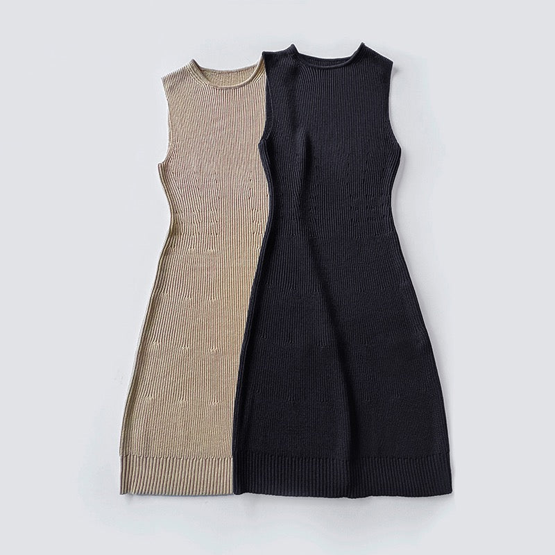 Toteme Knitted Mini Dress Viscose Blended Black Khaki Sleeveless Round Neck Tank Slim 2305046TT