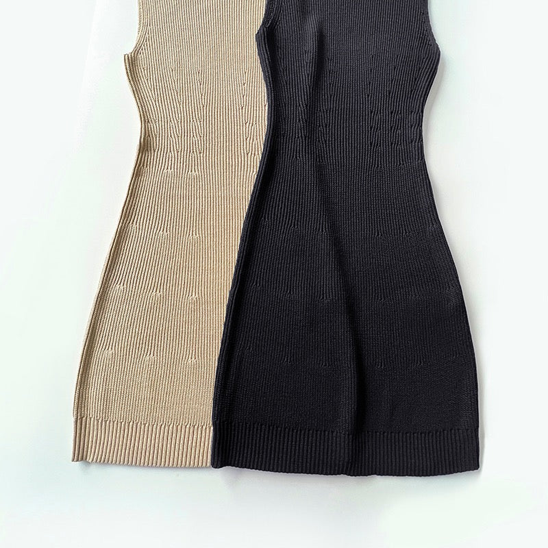 Toteme Knitted Mini Dress Viscose Blended Black Khaki Sleeveless Round Neck Tank Slim 2305046TT