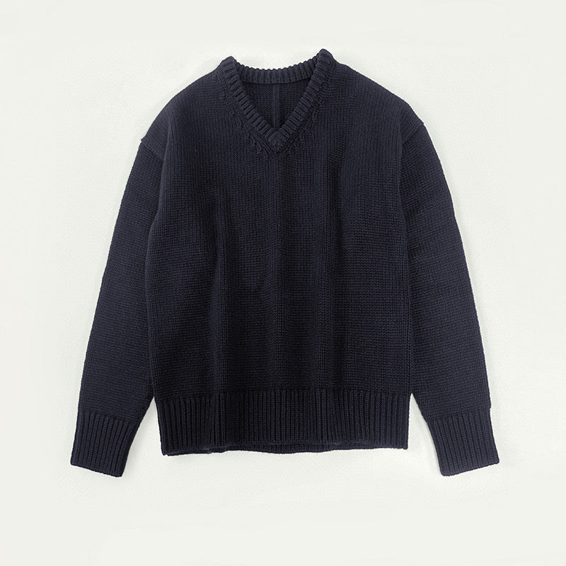 The Row winter sweater pullover dark blue wool cashmare oversize v-neck long sleeve 2211009TR