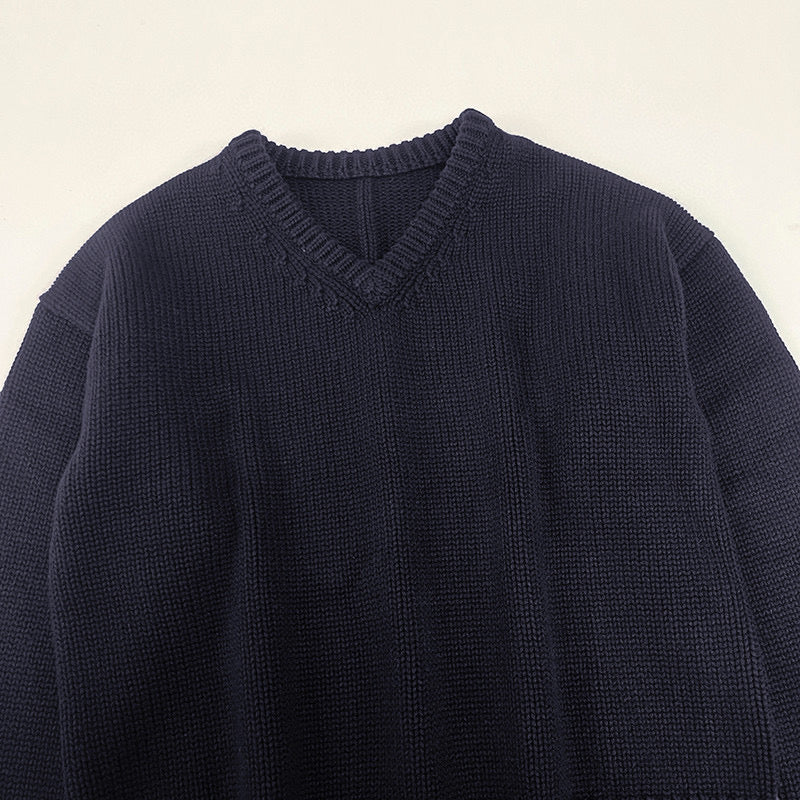 The Row winter sweater pullover dark blue wool cashmare oversize v-neck long sleeve 2211009TR