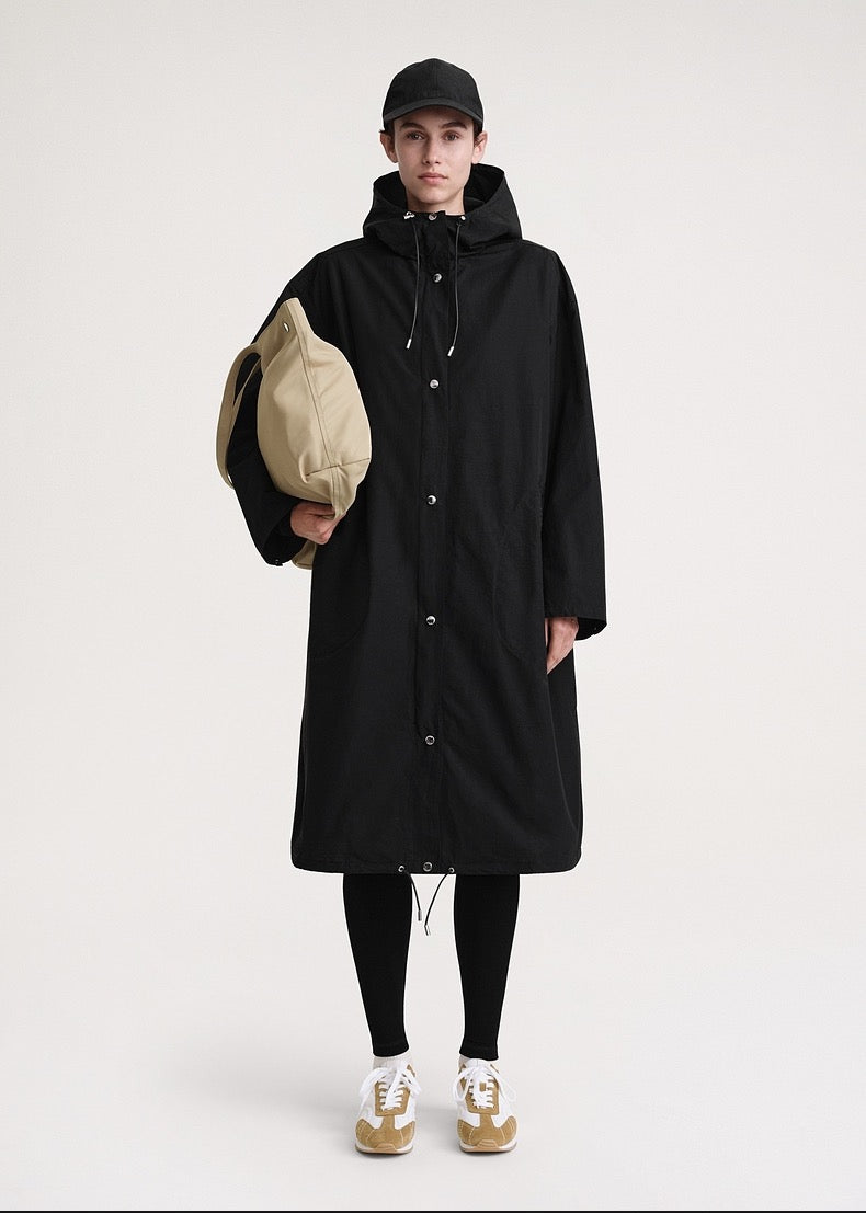 Toteme winter trench black collar hooded long length casual oversize cotton blended pockets