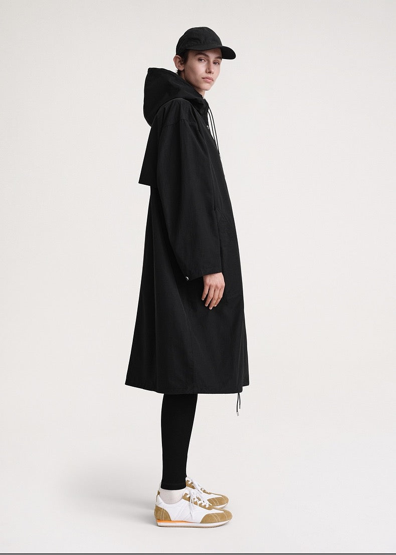 Toteme winter trench black collar hooded long length casual oversize cotton blended pockets