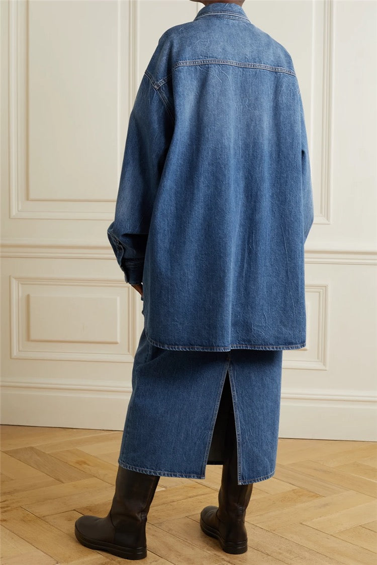 The Row Women Denim Jacket Blue Coat Oversize Front Button Drop Shoulder Long Length 2208014TR