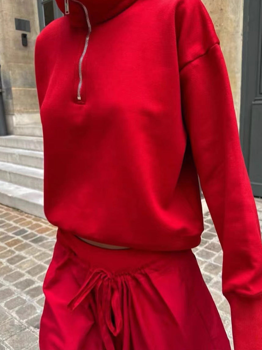 The Row women pullover red half zipper stand collar long sleeve cotton drop shoulder 2409007TR