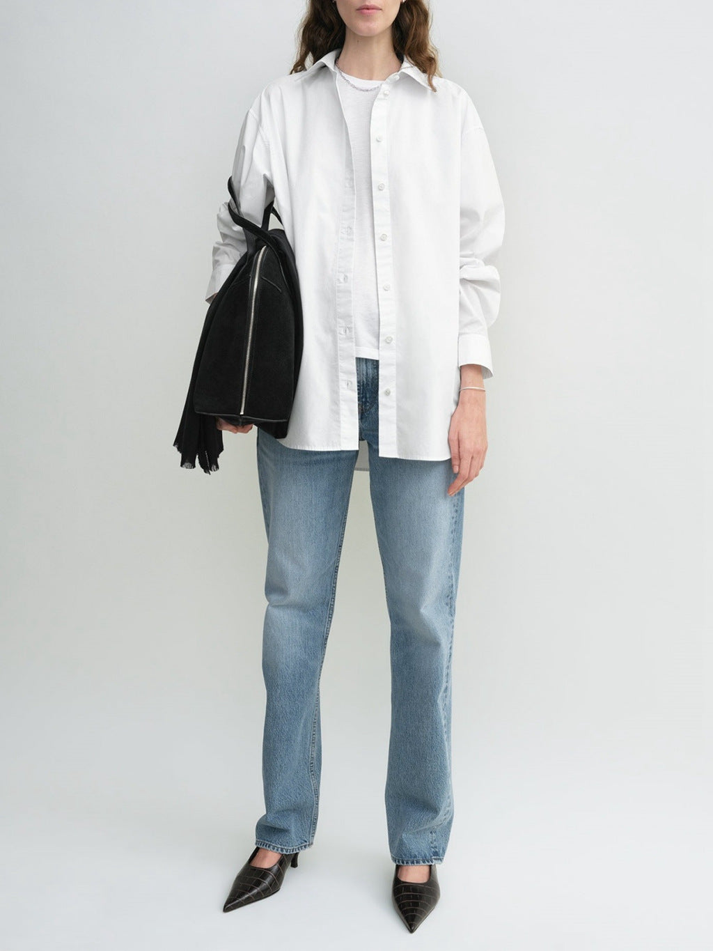 Toteme Women Shirt Blouse Light Blue Black White Long Sleeve Front Button Cotton Oversize 2503078TT