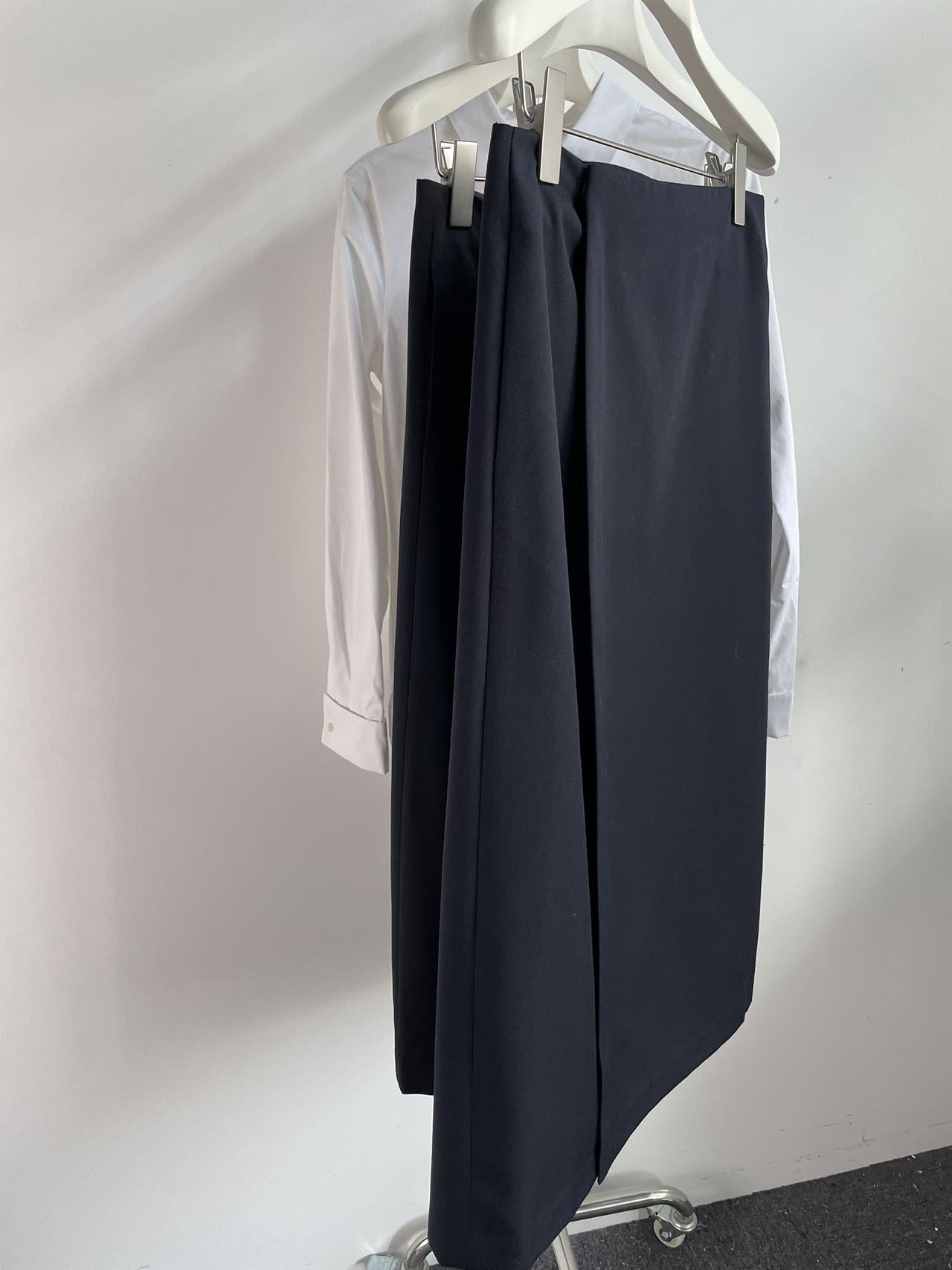 2411072TR The Row Midi Skirt Wool Dark Blue Black Wrap design Straigh Hem Side Slit Fixed Waist