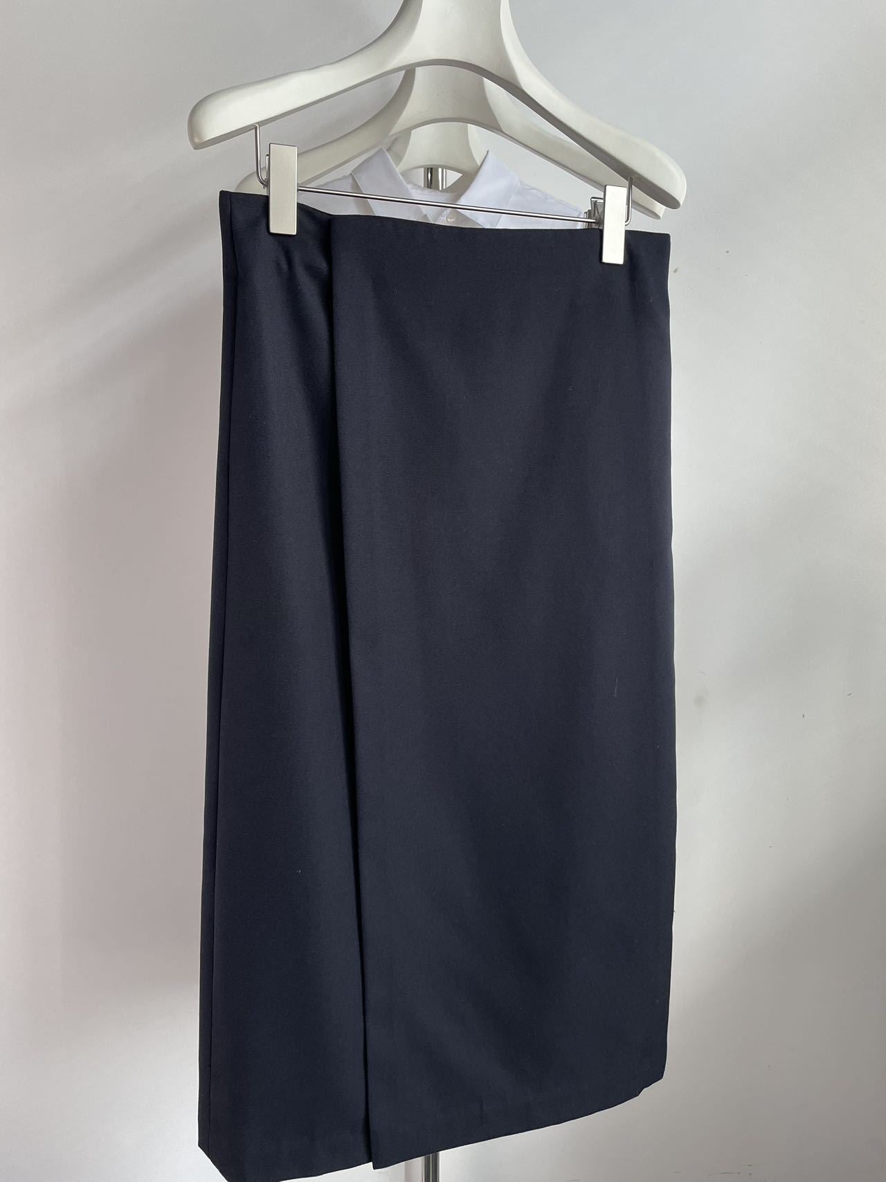 2411072TR The Row Midi Skirt Wool Dark Blue Black Wrap design Straigh Hem Side Slit Fixed Waist