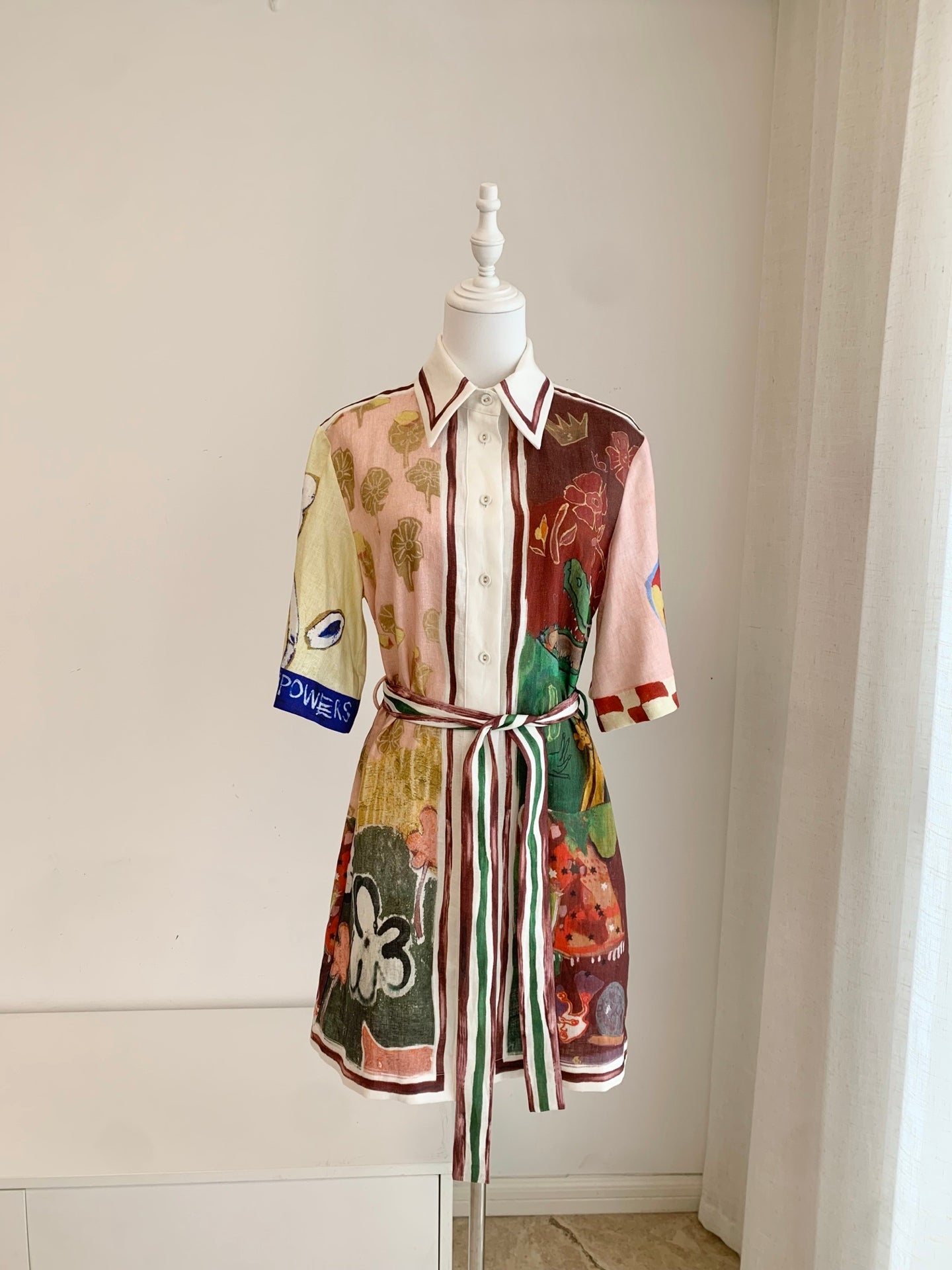 Women Art Painting Print Belted Shirt Dress Linen Viscose Loose Short Vacation Mini Dress 2608046AL