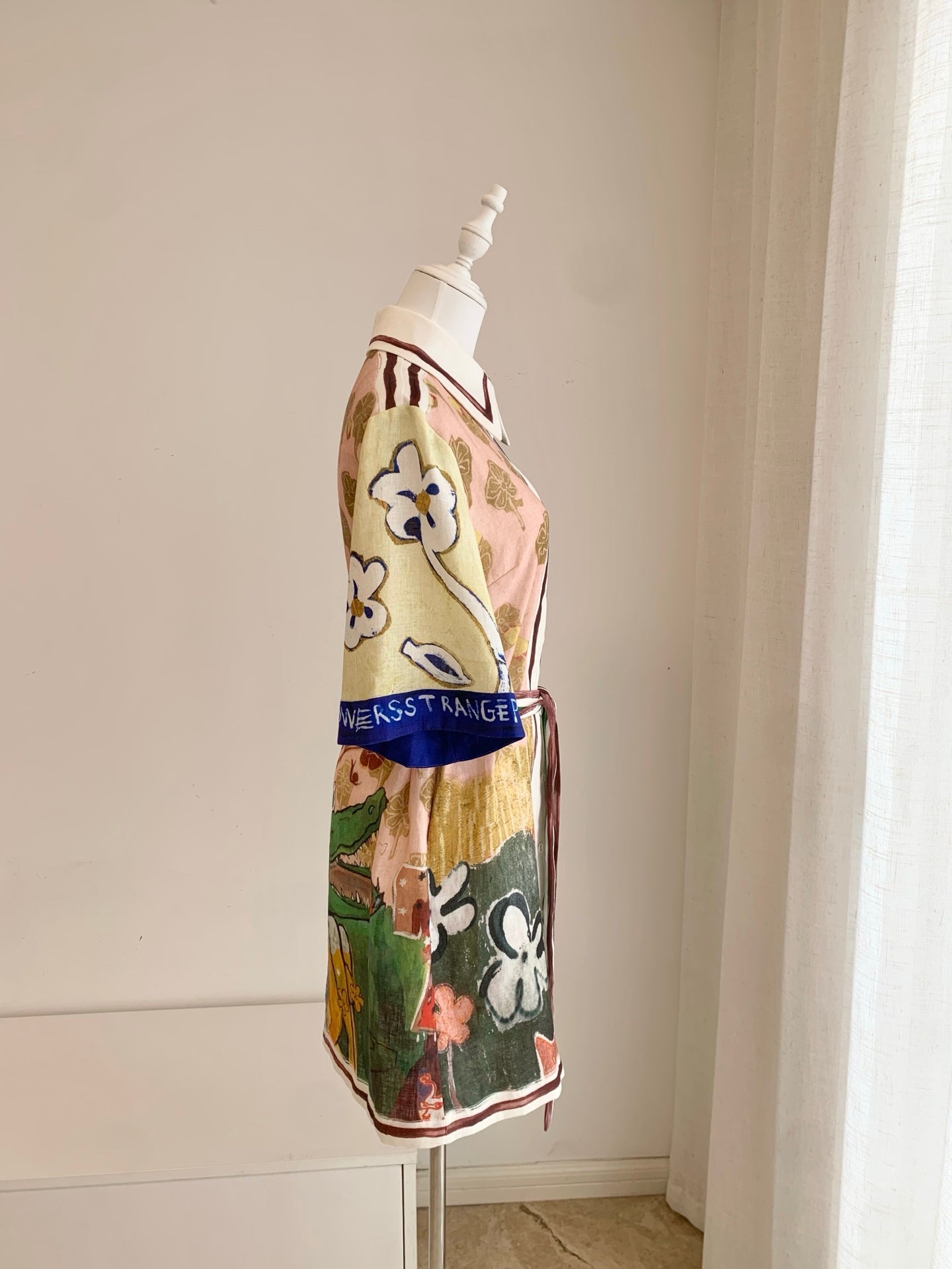 Women Art Painting Print Belted Shirt Dress Linen Viscose Loose Short Vacation Mini Dress 2608046AL