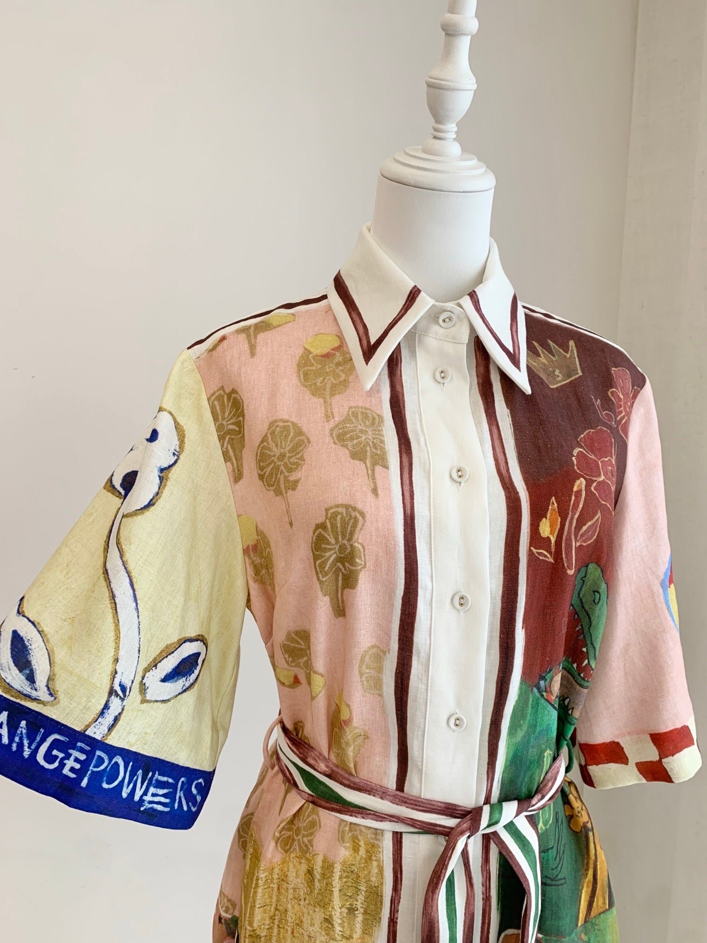 Women Art Painting Print Belted Shirt Dress Linen Viscose Loose Short Vacation Mini Dress 2608046AL