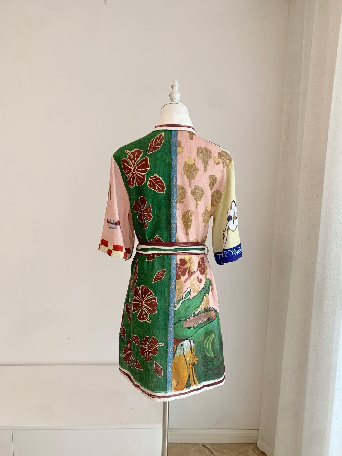 Women Art Painting Print Belted Shirt Dress Linen Viscose Loose Short Vacation Mini Dress 2608046AL