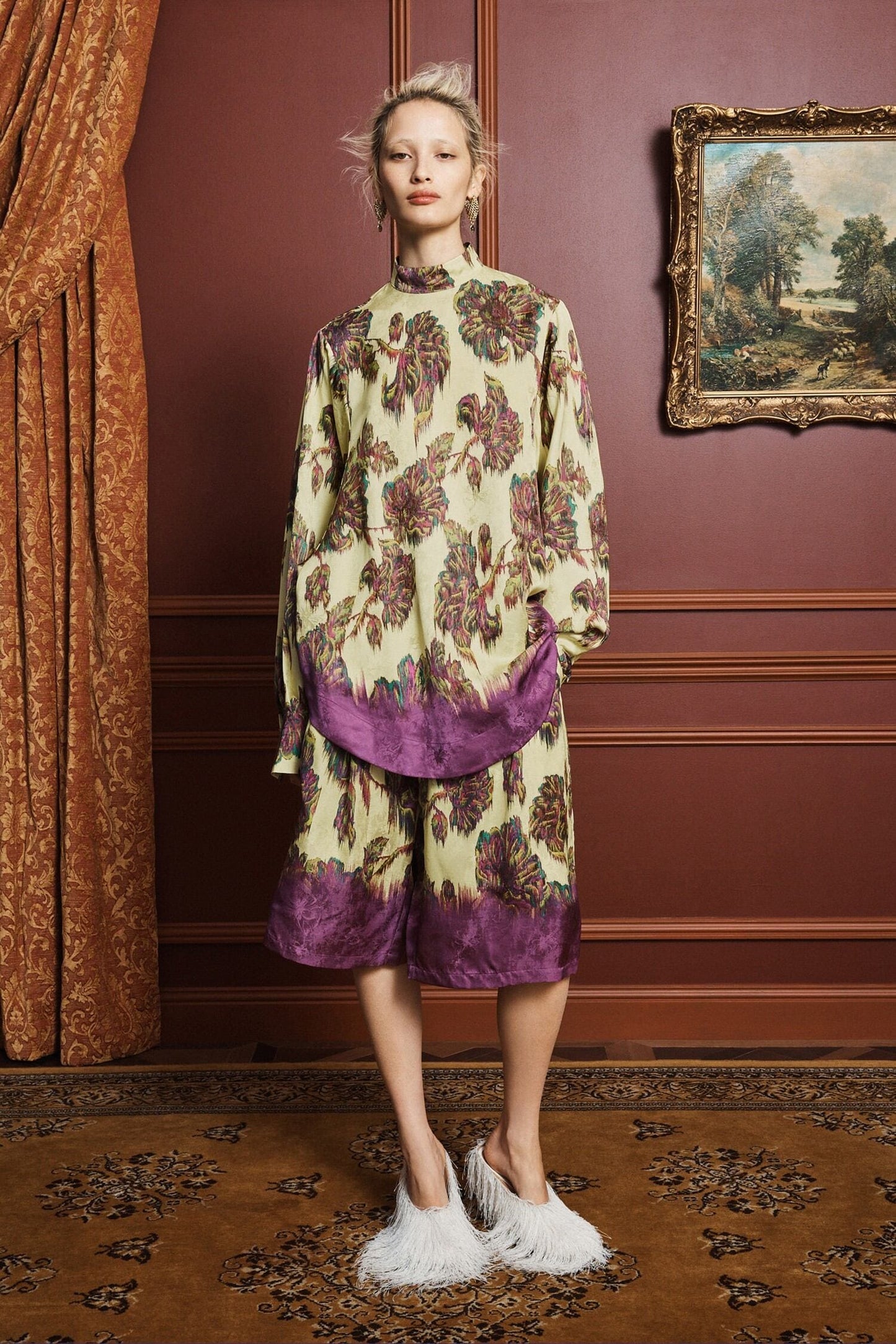 Alemais Viscose Jacquard Floral Print Stand‑collar Top & Wide‑leg Shorts Co‑ord Set 2608050AL
