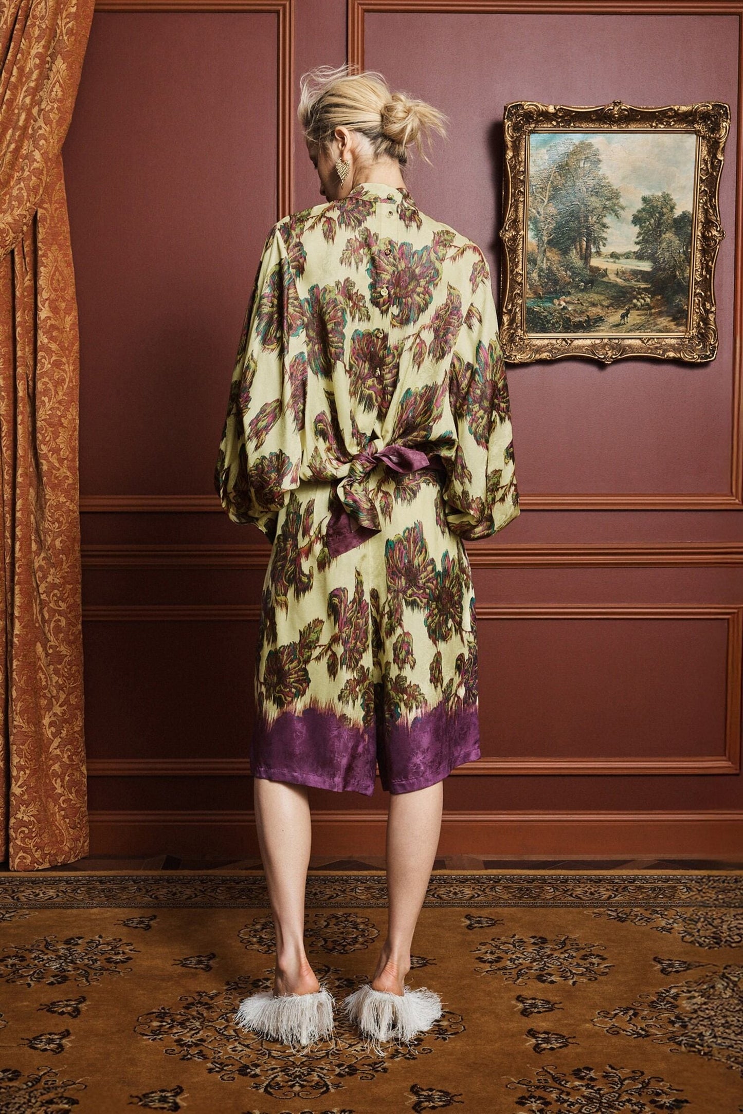 Alemais Viscose Jacquard Floral Print Stand‑collar Top & Wide‑leg Shorts Co‑ord Set 2608050AL