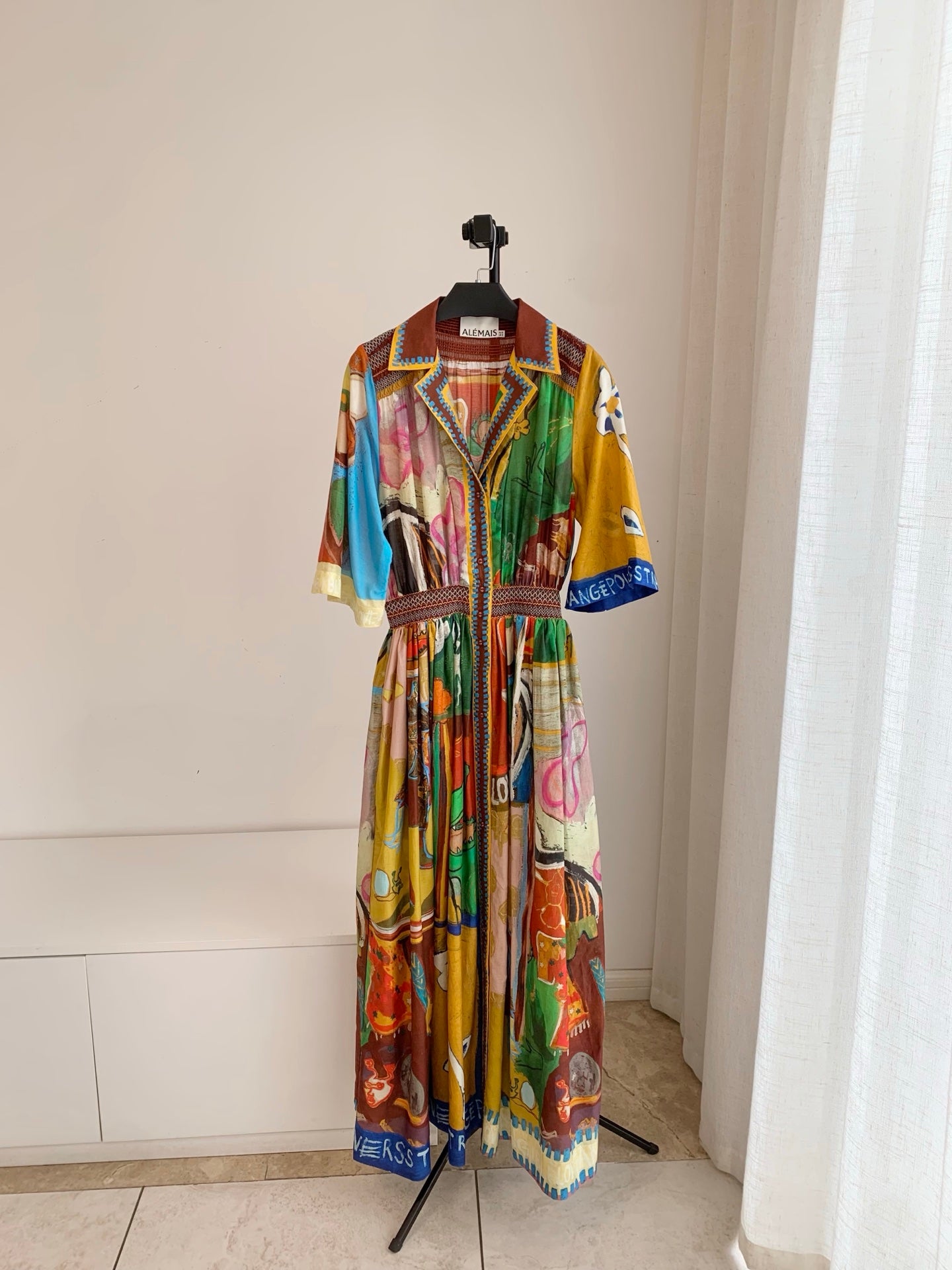 Alemais Abstract Painted Silk‑Cotton Blend Bohemian Collar Midi Maxi Dress Vacation 2608079AL