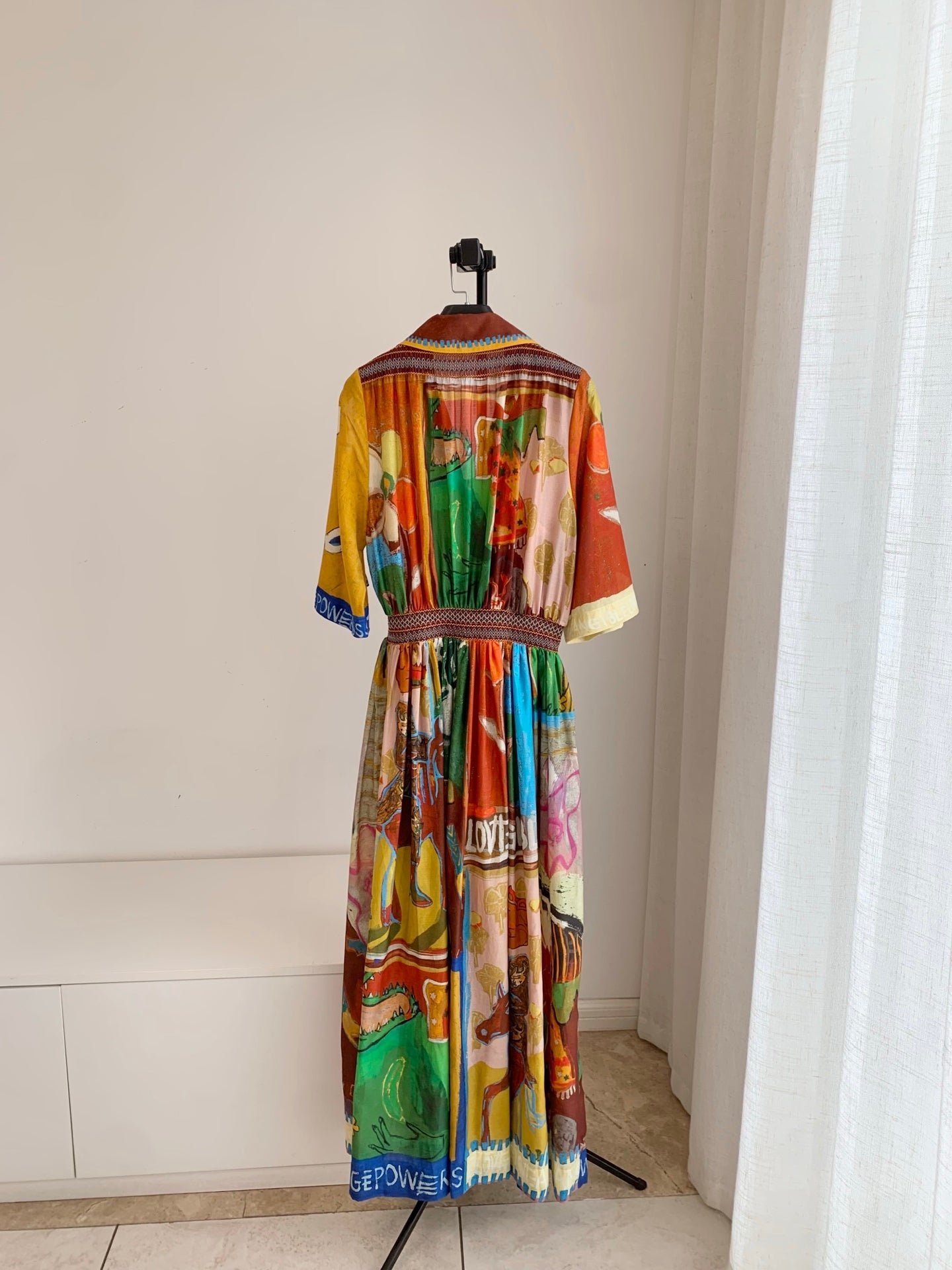 Alemais Abstract Painted Silk‑Cotton Blend Bohemian Collar Midi Maxi Dress Vacation 2608079AL