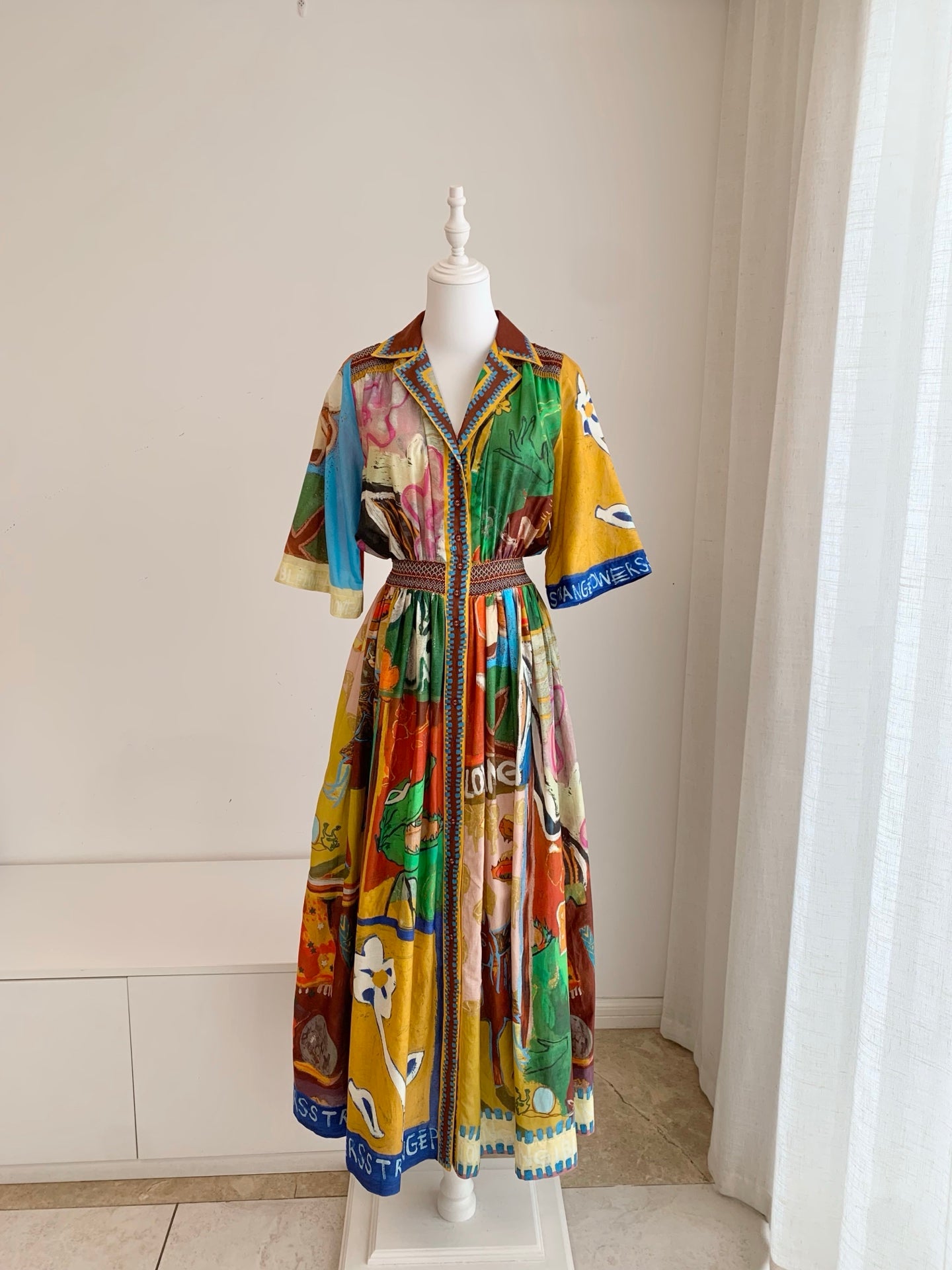 Alemais Abstract Painted Silk‑Cotton Blend Bohemian Collar Midi Maxi Dress Vacation 2608079AL