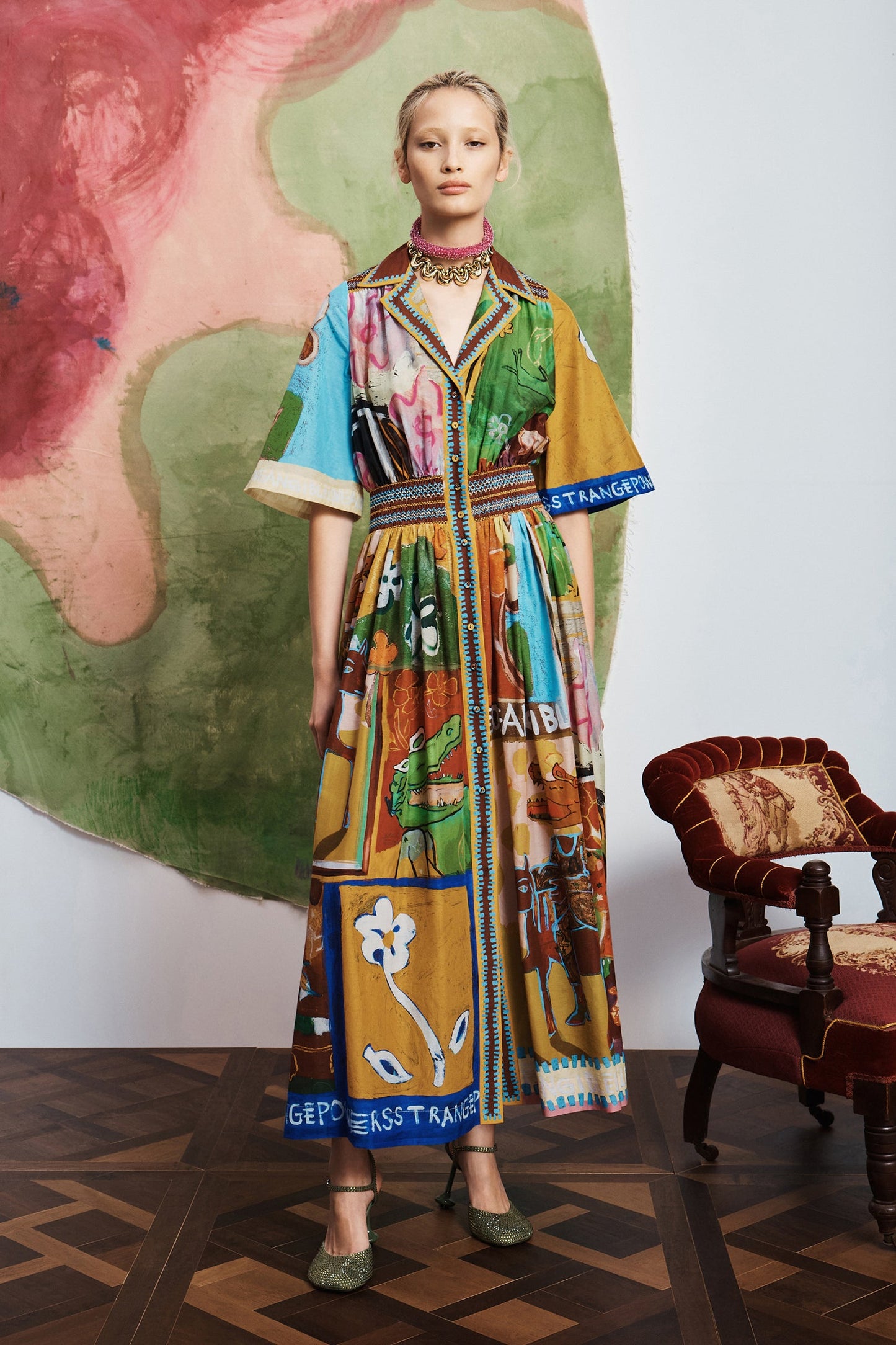 Alemais Abstract Painted Silk‑Cotton Blend Bohemian Collar Midi Maxi Dress Vacation 2608079AL