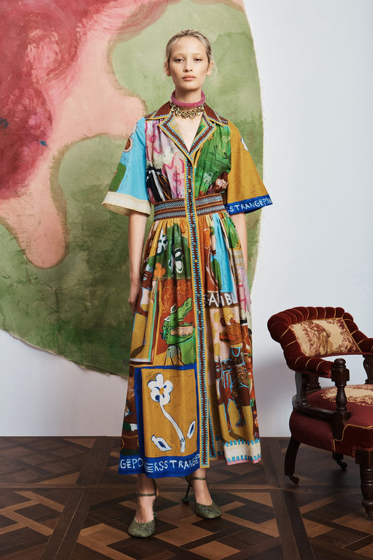 Alemais Abstract Painted Silk‑Cotton Blend Bohemian Collar Midi Maxi Dress Vacation 2608079AL