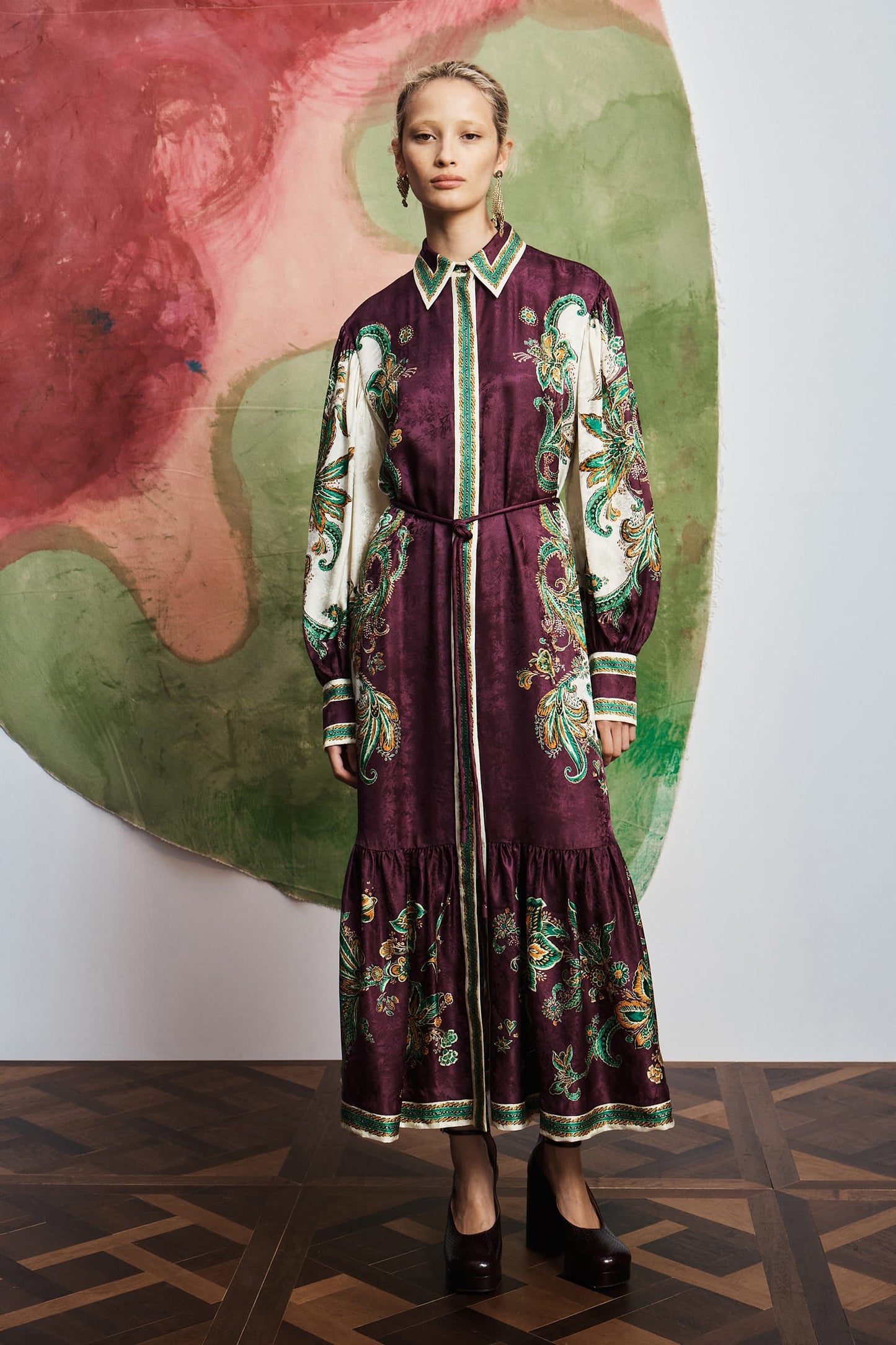 Alemais Vintage Paisley Silk Shirt Maxi Dress Bohemian Long Sleeve Belted Gown 2608077AL