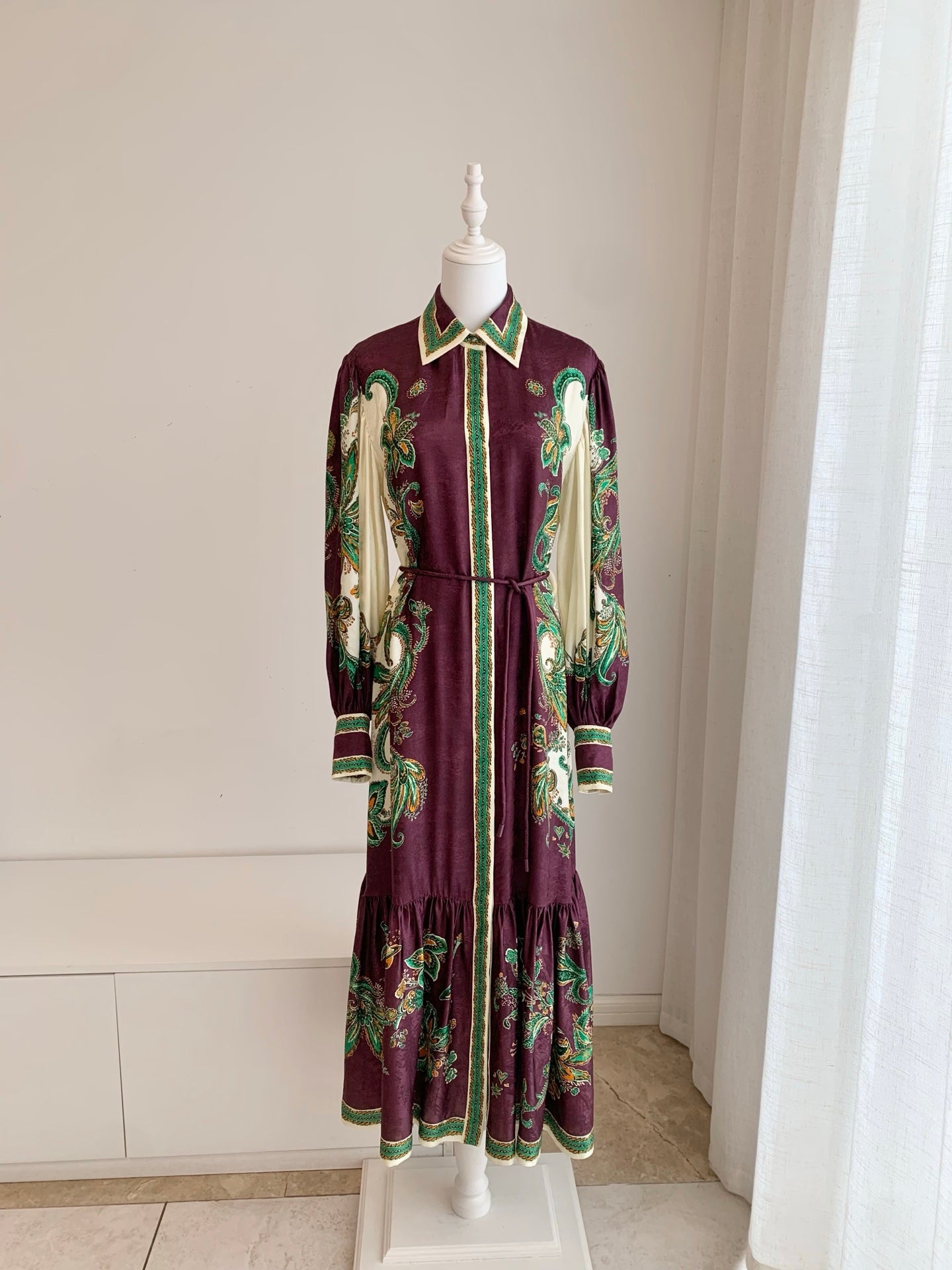 Alemais Vintage Paisley Silk Shirt Maxi Dress Bohemian Long Sleeve Belted Gown 2608077AL