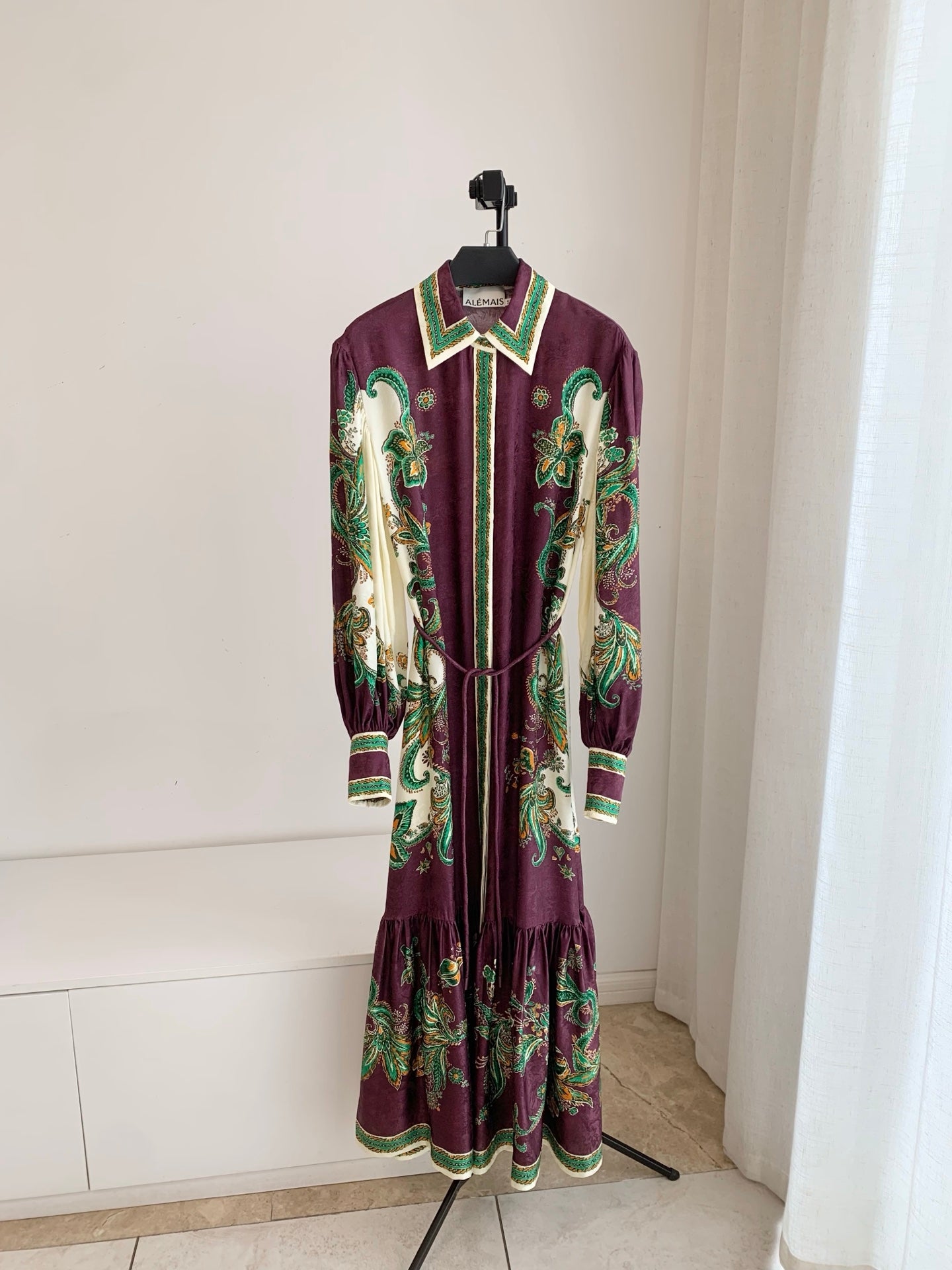 Alemais Vintage Paisley Silk Shirt Maxi Dress Bohemian Long Sleeve Belted Gown 2608077AL