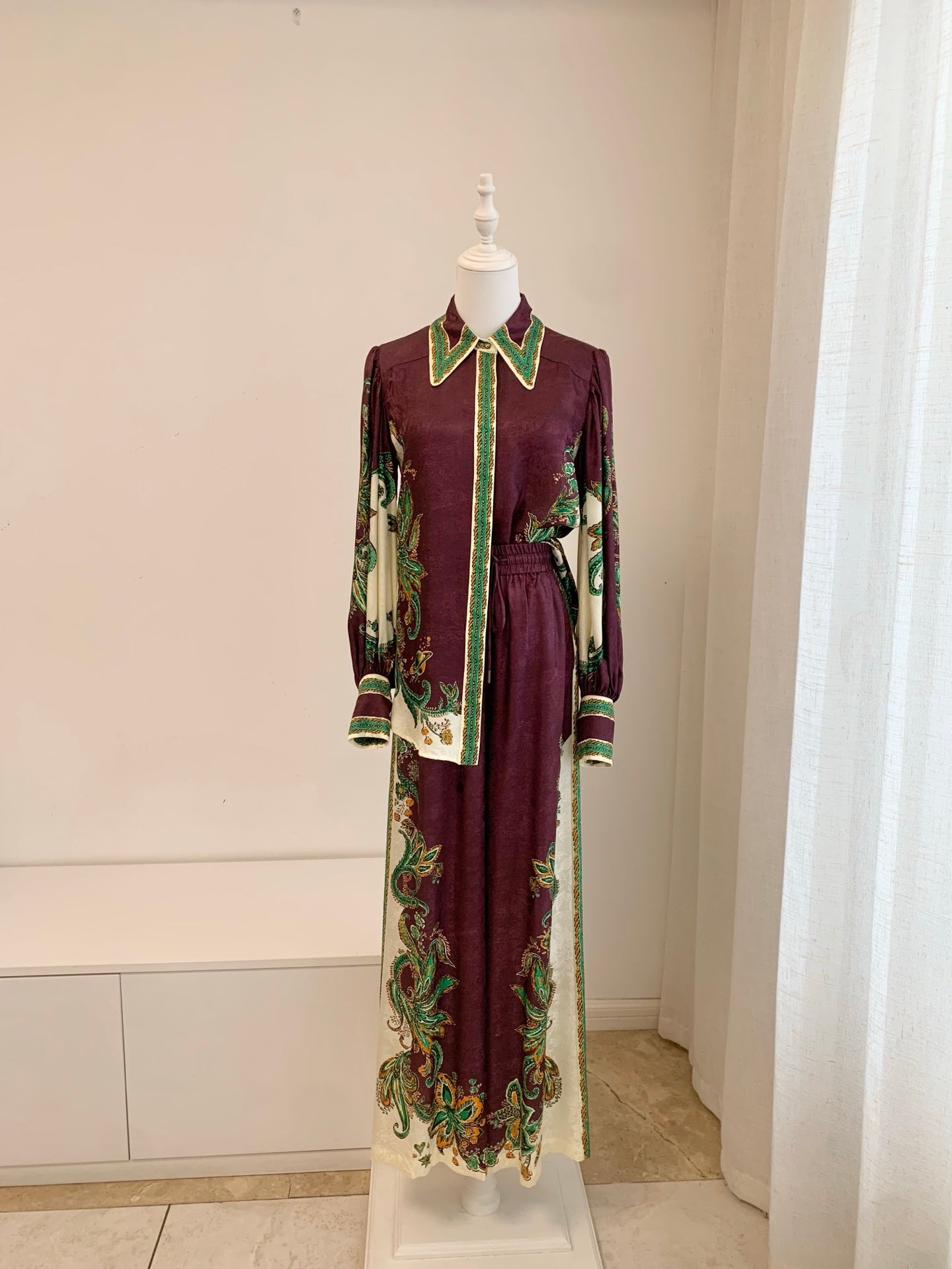 Alemais Women Bohemian Silk Viscose Set Long Sleeve Shirt Wide‑Leg Trousers 2608076AL