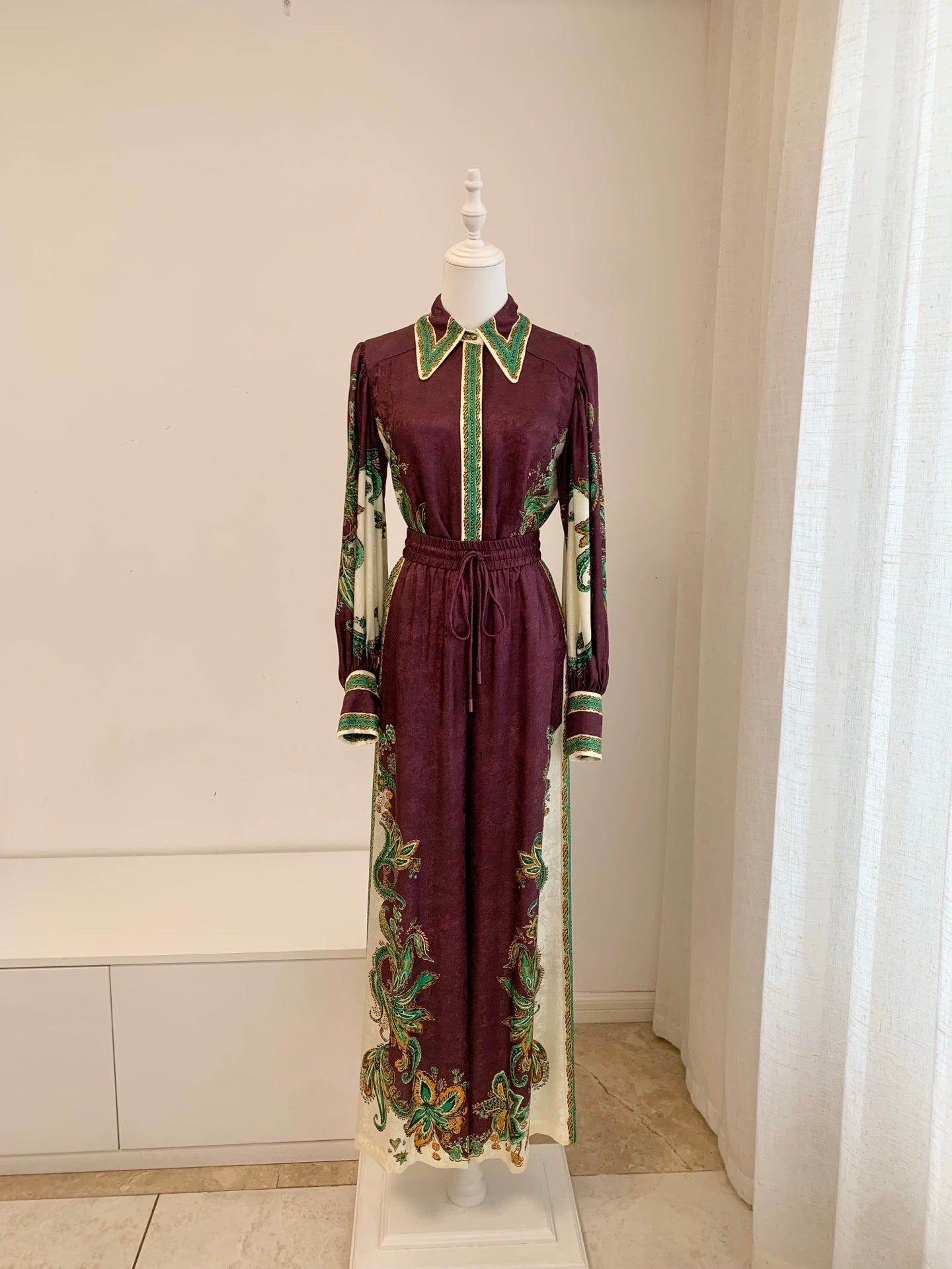 Alemais Women Bohemian Silk Viscose Set Long Sleeve Shirt Wide‑Leg Trousers 2608076AL