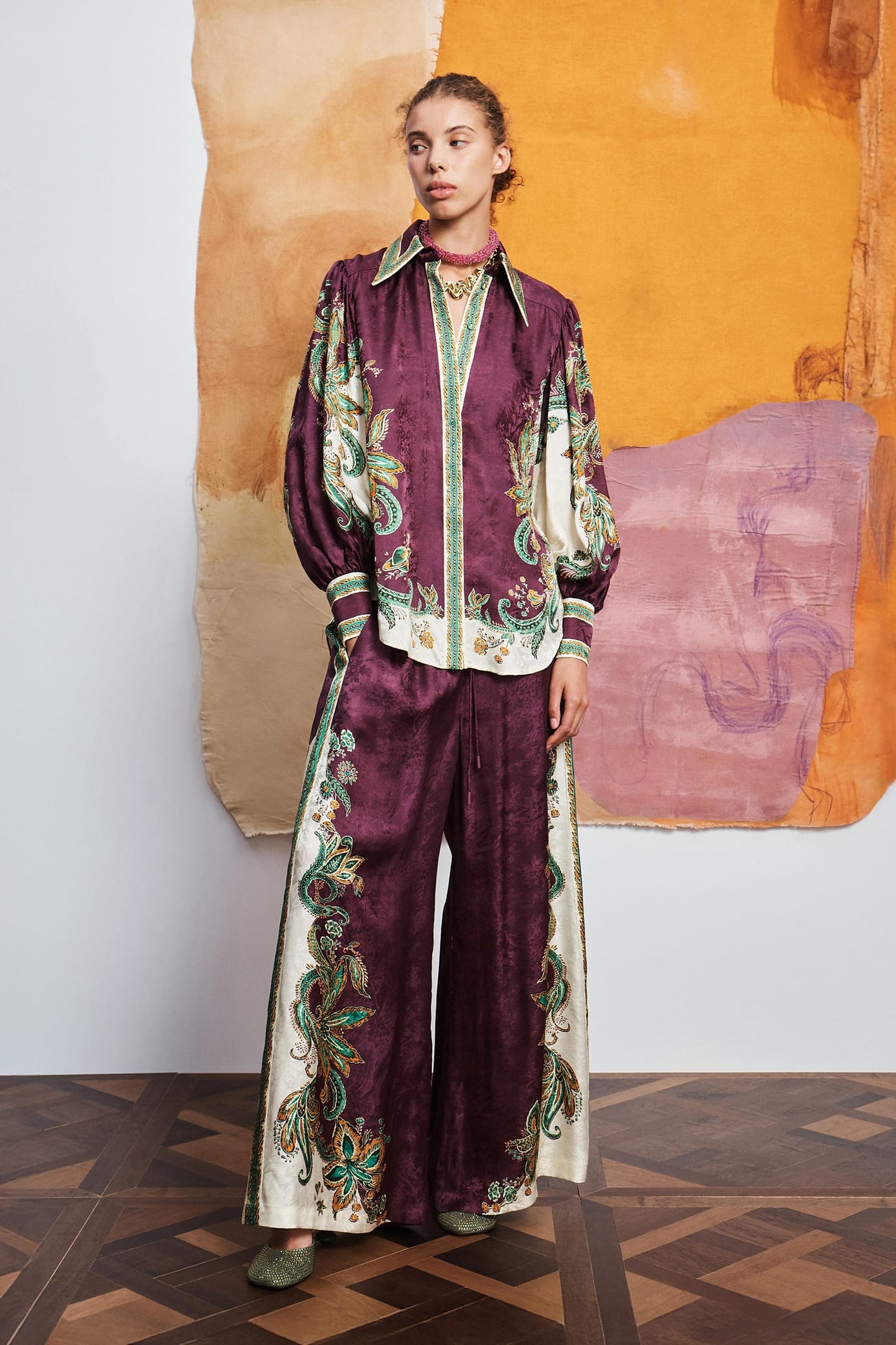 Alemais Women Bohemian Silk Viscose Set Long Sleeve Shirt Wide‑Leg Trousers 2608076AL