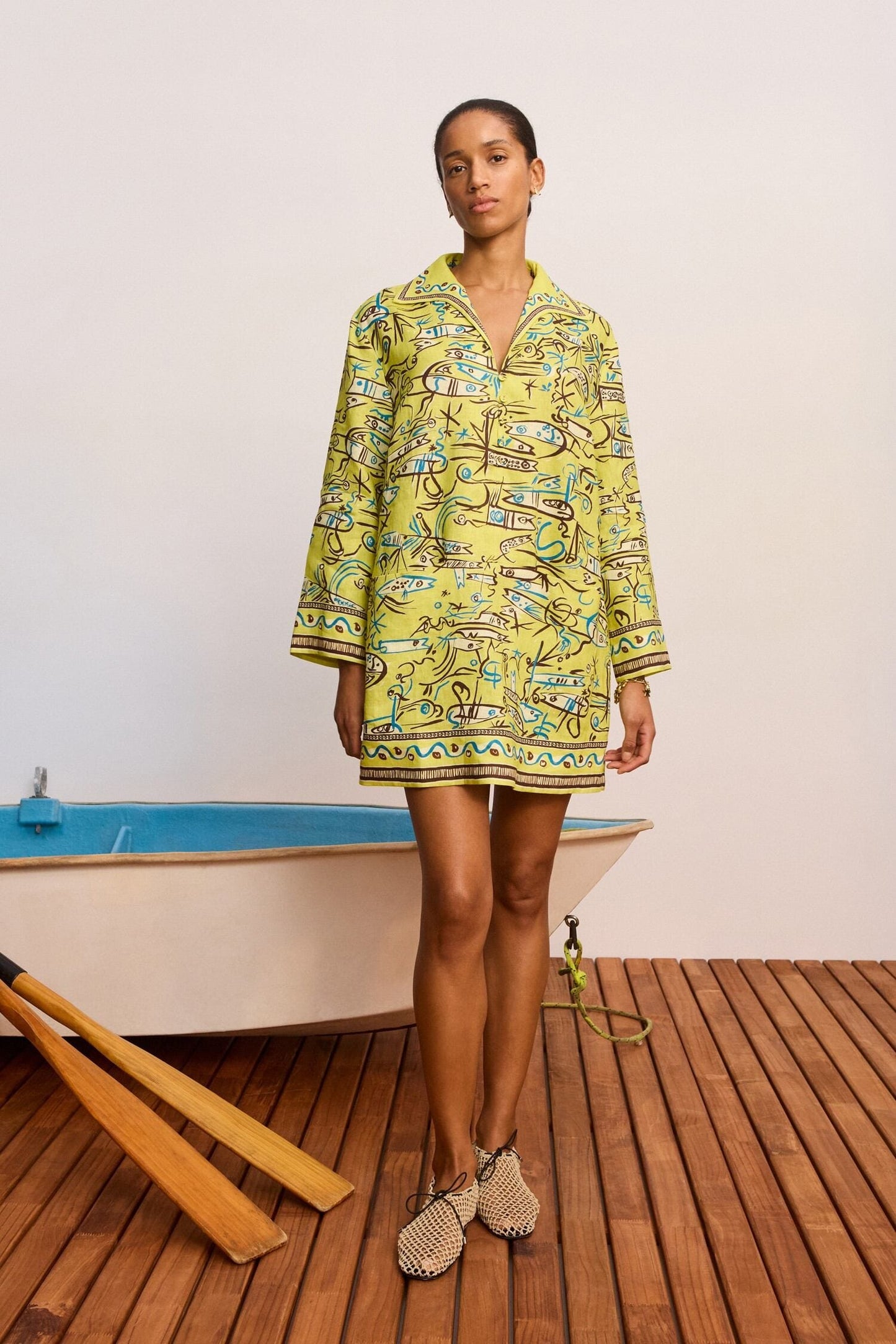 Alemais Resort Wear Abstract Marine Print European Linen Collared Mini Dress 2608081AL