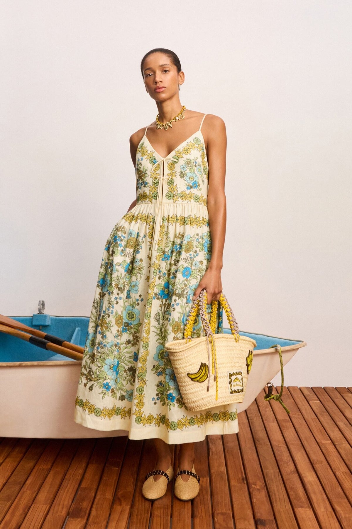 Alemais Spaghetti Strap Midi Dress Vintage Retro Floral Linen Front Tie Tiered Swing Skirt 2608083AL
