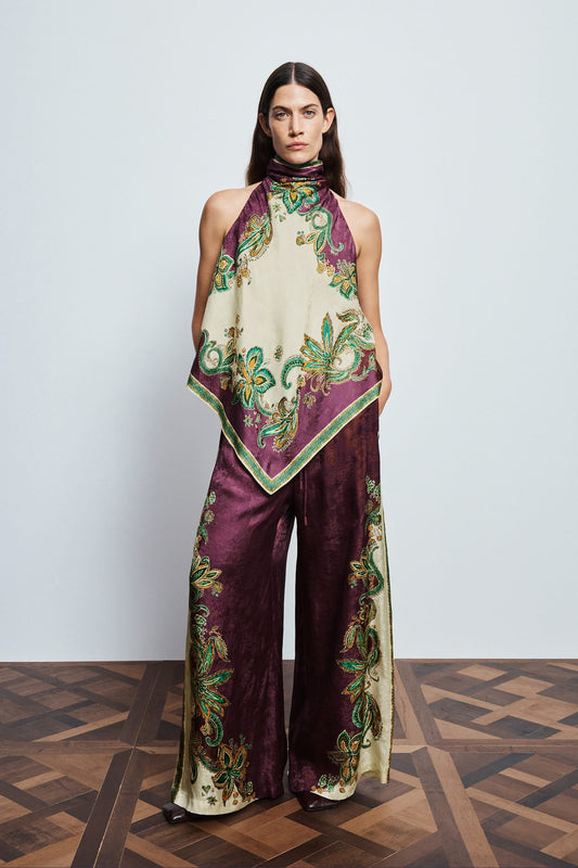 Alemais Halter Neck Two‑Piece Set Retro Paisley Silk Top Wide Leg Palazzo Pants 2608075AL