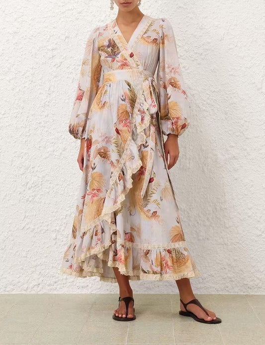 Zimmernamm Ascension Frill midi dress light blue self-tie wrap design floral print lace trim 2506044Zim