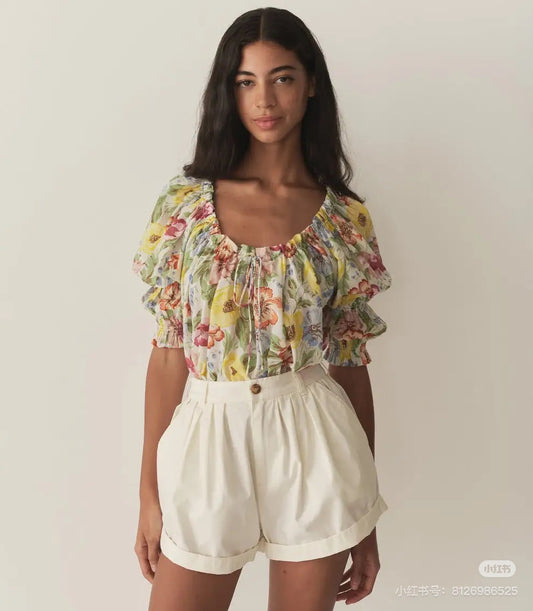 Doen short sleeve shirt summer draw-string round collar ruffle lantern sleeve floral print 2505095DOEN