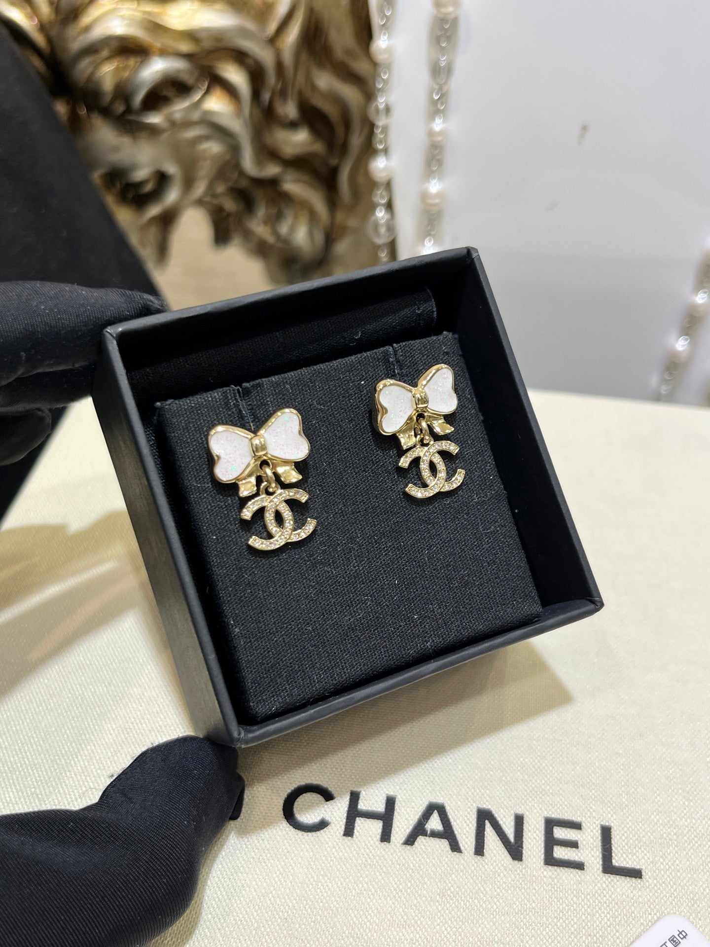 Chanel Earrings Bow-tie rhinestone enamel