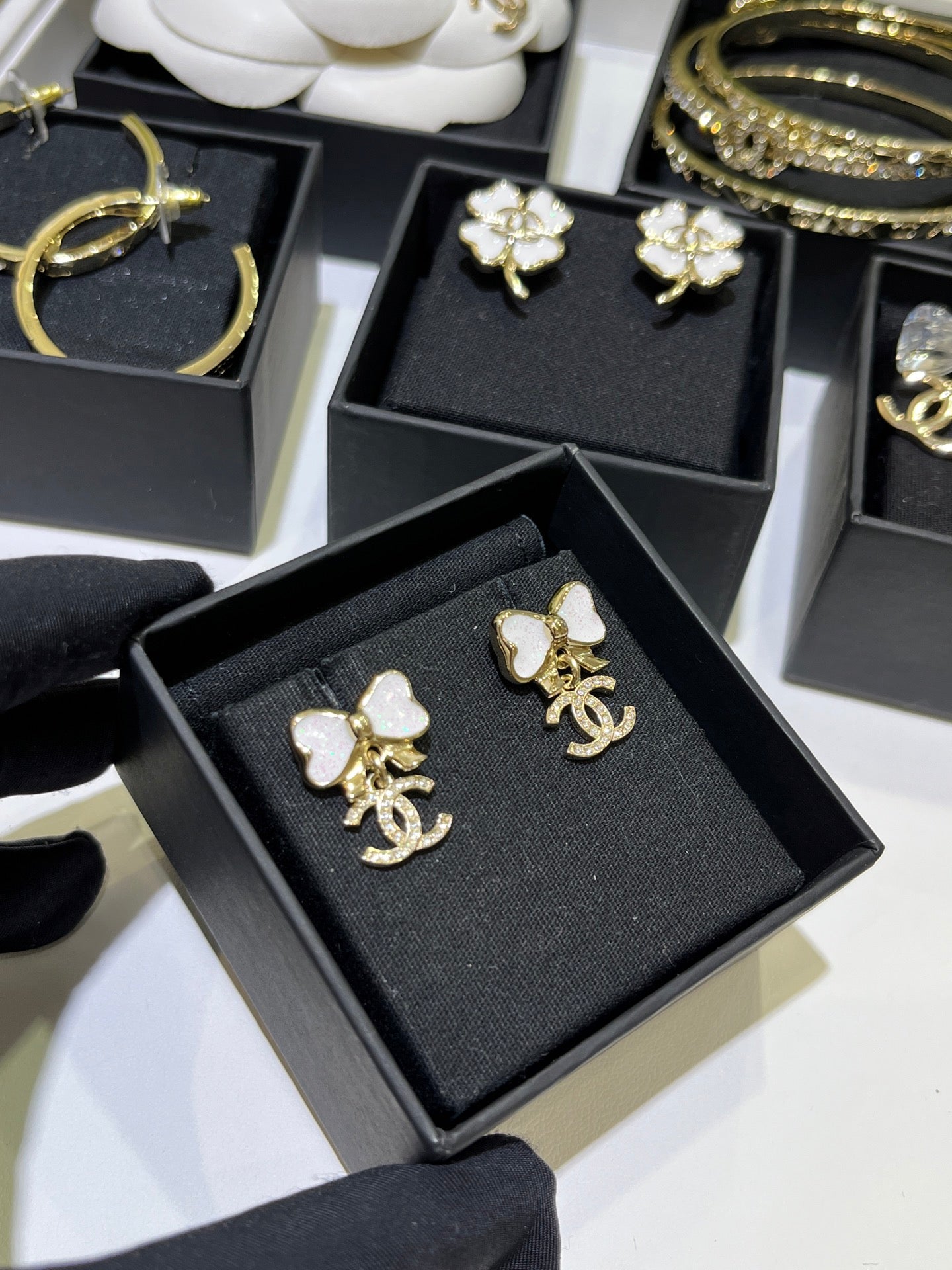 Chanel Earrings Bow-tie rhinestone enamel