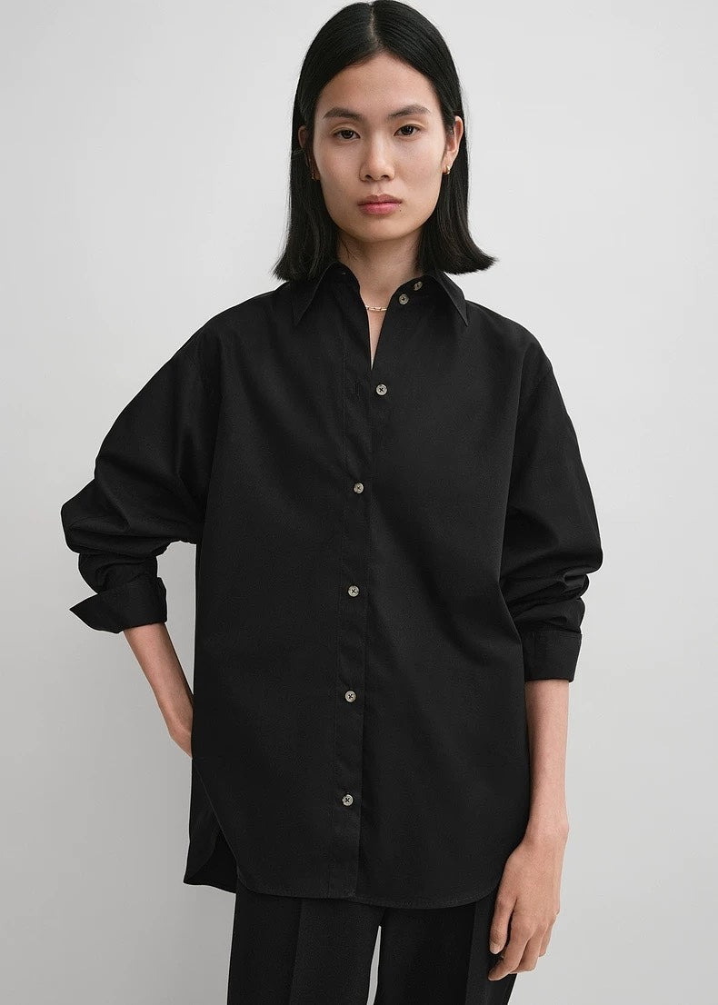 Toteme Women Blouse Cotton Shirt Oversize Blue Black Long Sleeve Front Button high-low hem 2408031TT