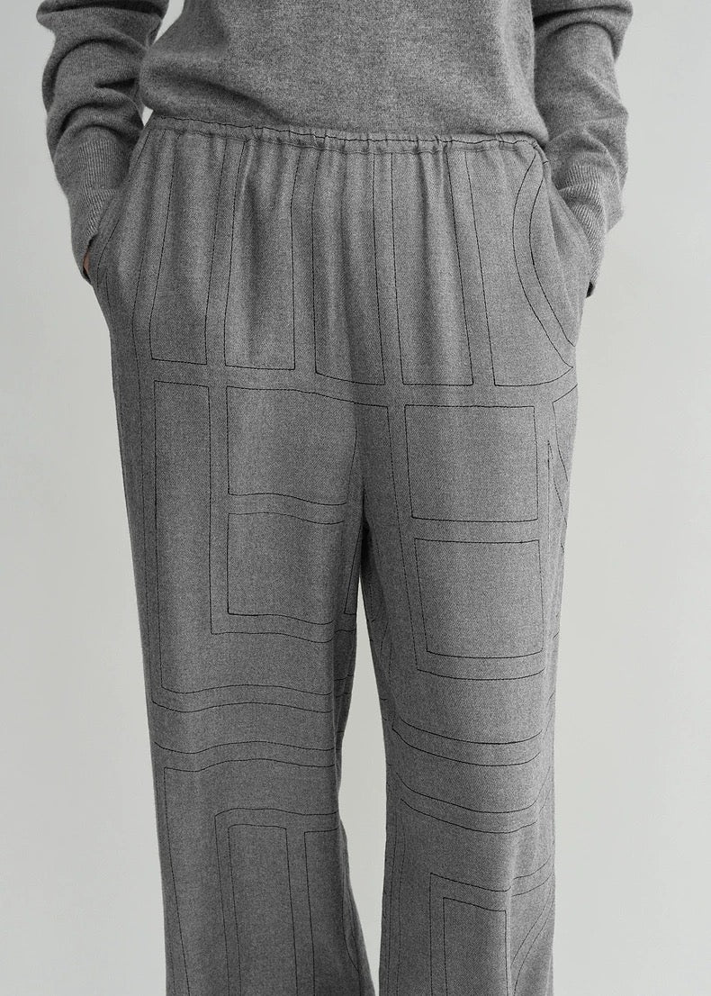 2501043TT Women Wide Leg Pants Trousers Fannel Full Length Pocket Elastic Waist Beige Gray Black Embroidery
