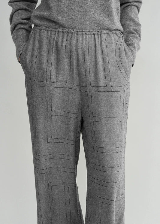 2501043TT Women Wide Leg Pants Trousers Fannel Full Length Pocket Elastic Waist Beige Gray Black Embroidery